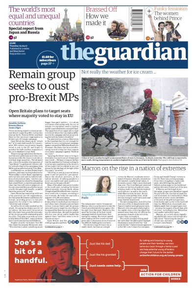 The Guardian Newspaper Front Page (UK) for 25 April 2017