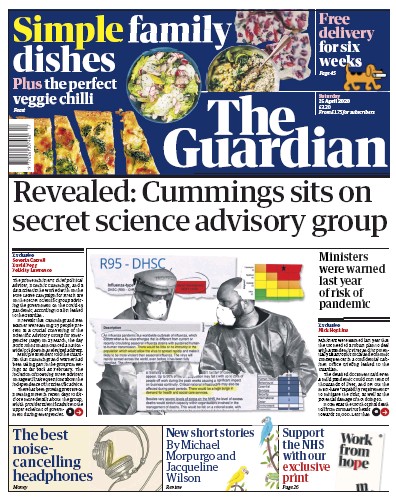 The Guardian Newspaper Front Page (UK) for 25 April 2020