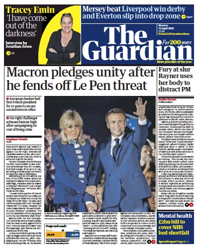 The Guardian Newspaper Front Page (UK) for 25 April 2022
