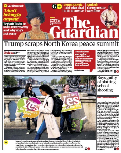 The Guardian Newspaper Front Page (UK) for 25 May 2018