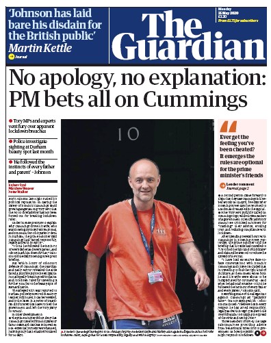 The Guardian Newspaper Front Page (UK) for 25 May 2020