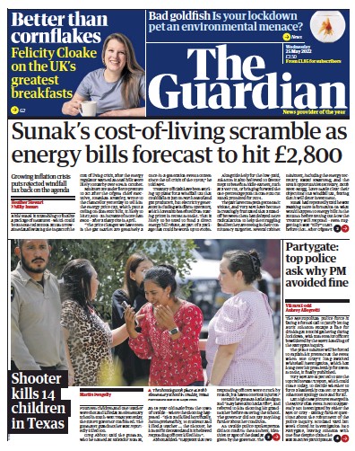The Guardian Newspaper Front Page (UK) for 25 May 2022