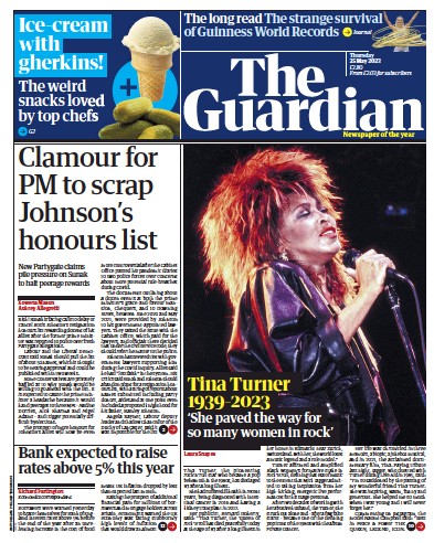 The Guardian Newspaper Front Page (UK) for 25 May 2023