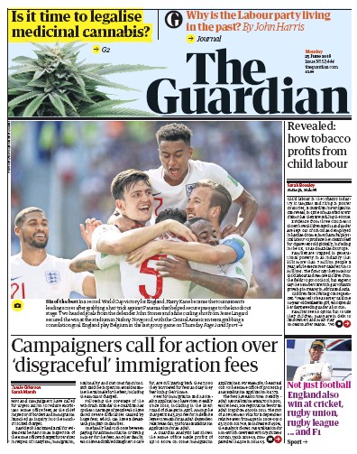 The Guardian Newspaper Front Page (UK) for 25 June 2018