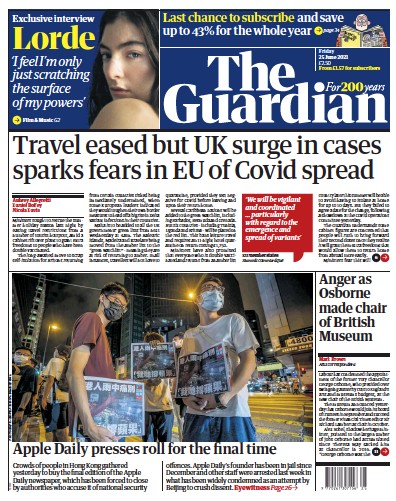 The Guardian Newspaper Front Page (UK) for 25 June 2021