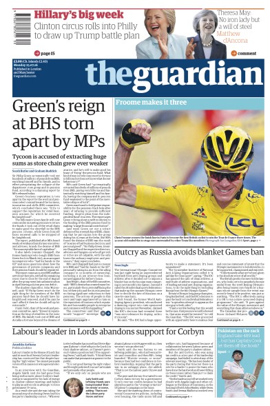 The Guardian Newspaper Front Page (UK) for 25 July 2016