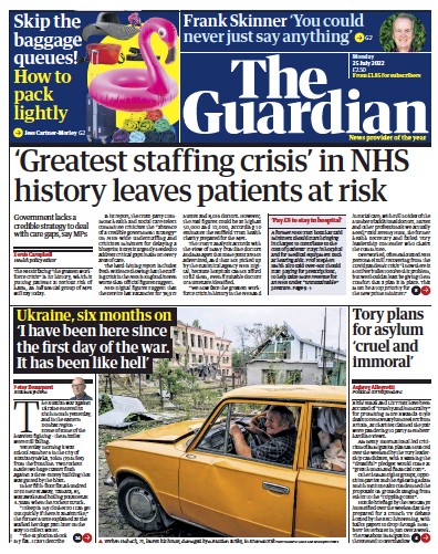 The Guardian Newspaper Front Page (UK) for 25 July 2022
