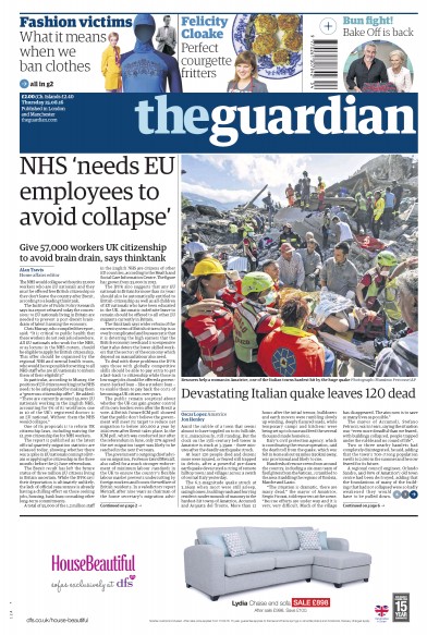 The Guardian Newspaper Front Page (UK) for 25 August 2016