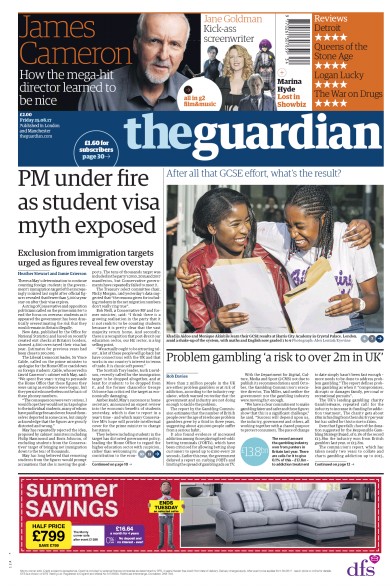 The Guardian Newspaper Front Page (UK) for 25 August 2017