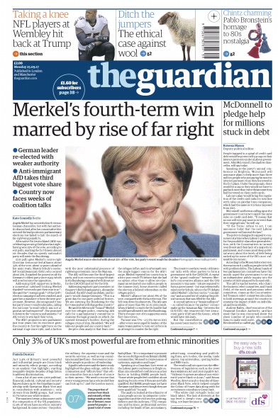 The Guardian Newspaper Front Page (UK) for 25 September 2017