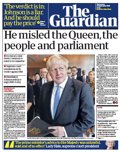 The Guardian Newspaper Front Page (UK) for 25 September 2019