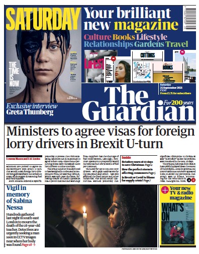 The Guardian Newspaper Front Page (UK) for 25 September 2021