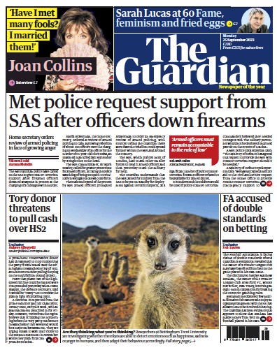 The Guardian Newspaper Front Page (UK) for 25 September 2023