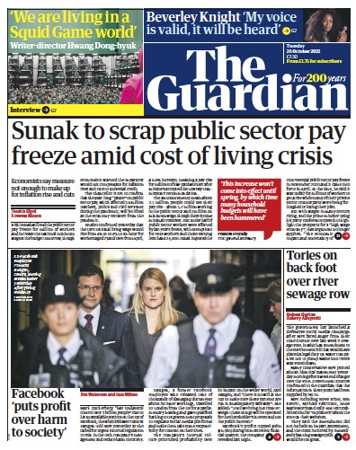 The Guardian Newspaper Front Page (UK) for 26 October 2021