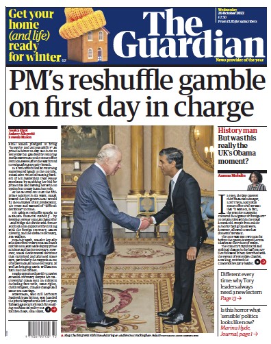 The Guardian Newspaper Front Page (UK) for 26 October 2022