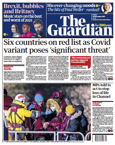 The Guardian Newspaper Front Page (UK) for 26 November 2021