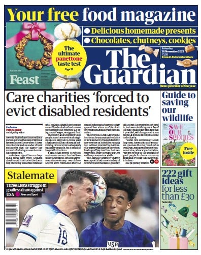 The Guardian Newspaper Front Page (UK) for 26 November 2022
