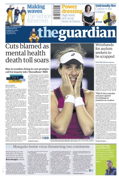 The Guardian Newspaper Front Page (UK) for 26 January 2016