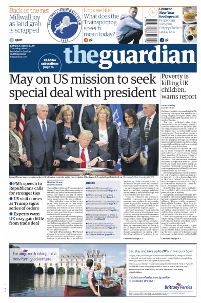 The Guardian Newspaper Front Page (UK) for 26 January 2017