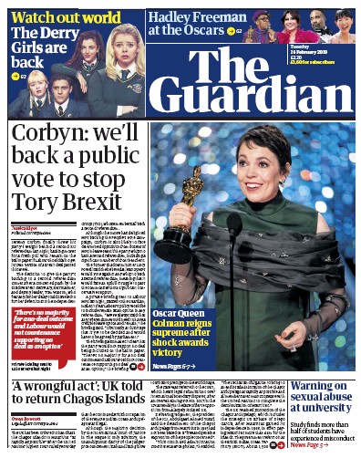 The Guardian Newspaper Front Page (UK) for 26 February 2019