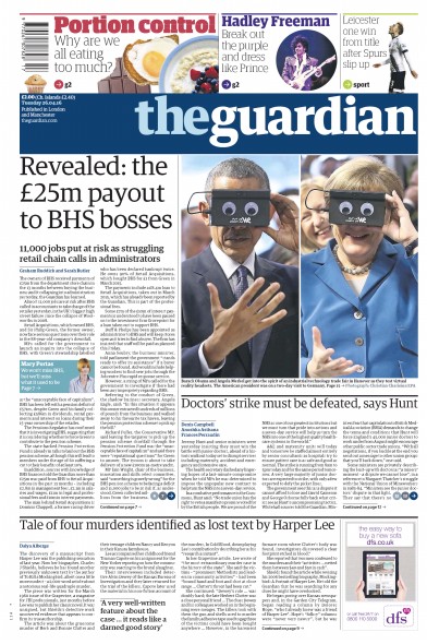 The Guardian Newspaper Front Page (UK) for 26 April 2016