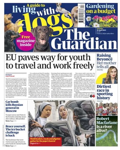 The Guardian Newspaper Front Page (UK) for 26 April 2025