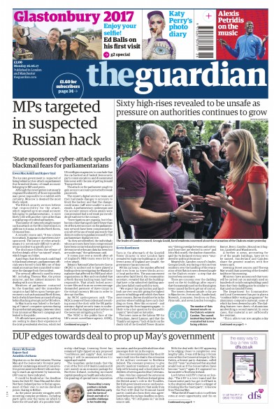 The Guardian Newspaper Front Page (UK) for 26 June 2017