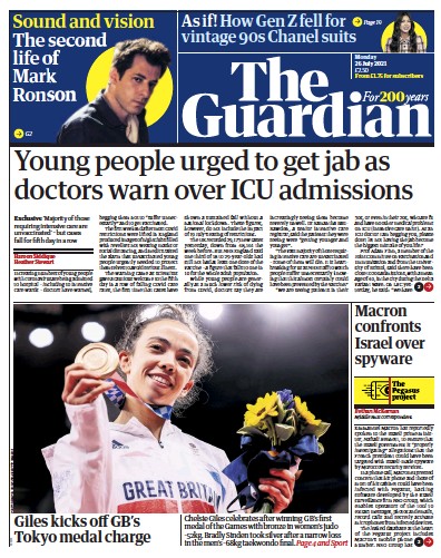 The Guardian Newspaper Front Page (UK) for 26 July 2021
