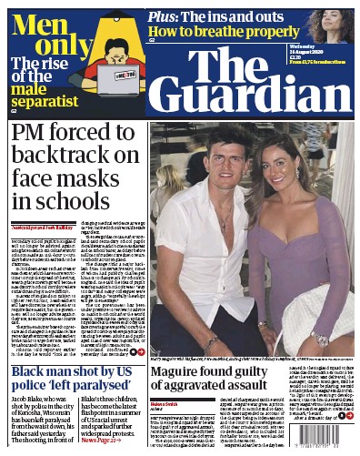 The Guardian Newspaper Front Page (UK) for 26 August 2020