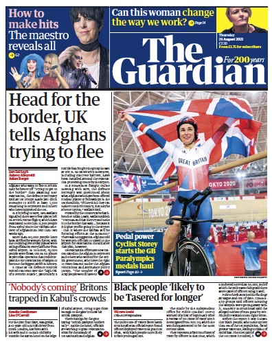 The Guardian Newspaper Front Page (UK) for 26 August 2021