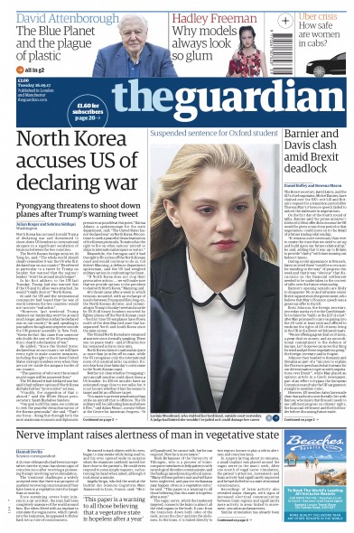 The Guardian Newspaper Front Page (UK) for 26 September 2017