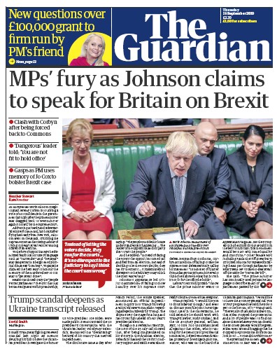 The Guardian Newspaper Front Page (UK) for 26 September 2019