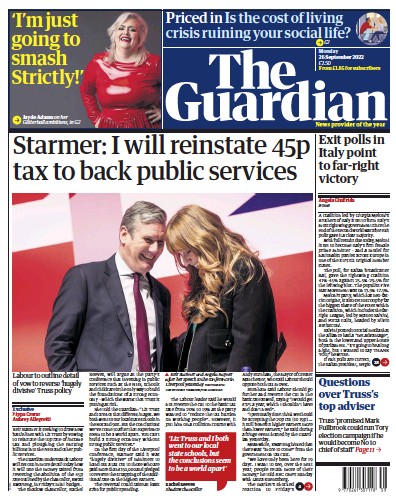 The Guardian Newspaper Front Page (UK) for 26 September 2022