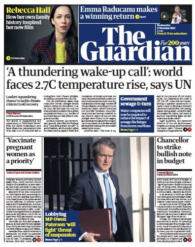 The Guardian Newspaper Front Page (UK) for 27 October 2021