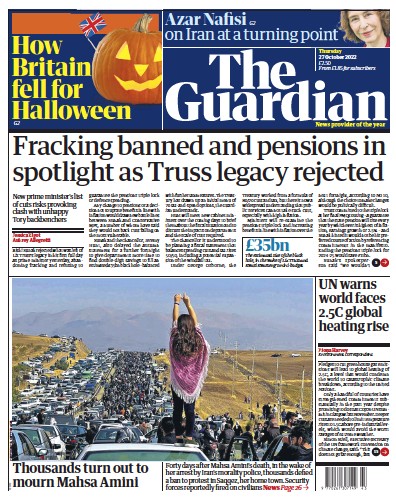 The Guardian Newspaper Front Page (UK) for 27 October 2022