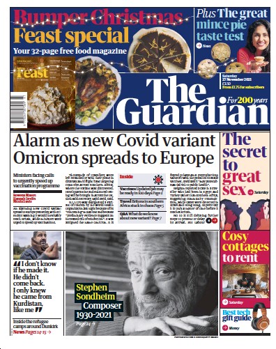The Guardian Newspaper Front Page (UK) for 27 November 2021