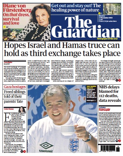 The Guardian Newspaper Front Page (UK) for 27 November 2023