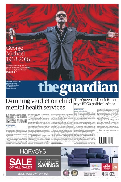 The Guardian Newspaper Front Page (UK) for 27 December 2016