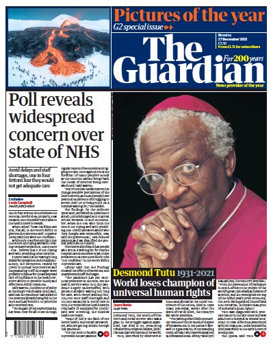 The Guardian Newspaper Front Page (UK) for 27 December 2021