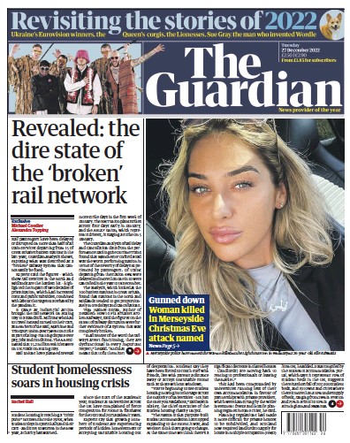 The Guardian Newspaper Front Page (UK) for 27 December 2022