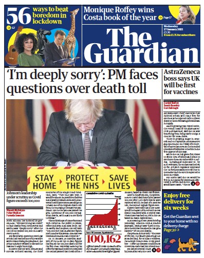 The Guardian Newspaper Front Page (UK) for 27 January 2021