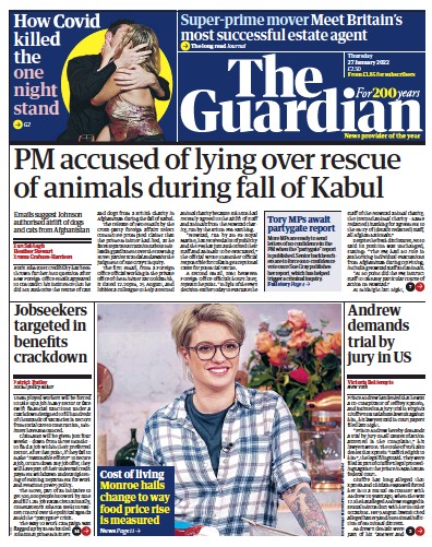 The Guardian Newspaper Front Page (UK) for 27 January 2022