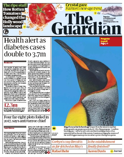 The Guardian Newspaper Front Page (UK) for 27 February 2018