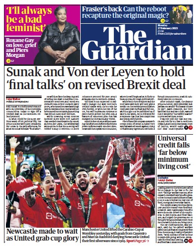 The Guardian Newspaper Front Page (UK) for 27 February 2023