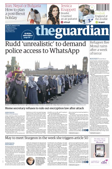 The Guardian Newspaper Front Page (UK) for 27 March 2017