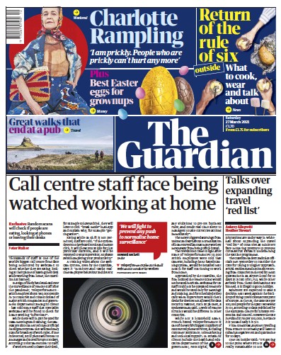 The Guardian Newspaper Front Page (UK) for 27 March 2021