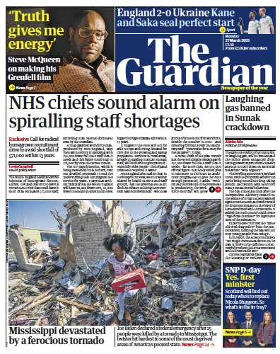 The Guardian Newspaper Front Page (UK) for 27 March 2023