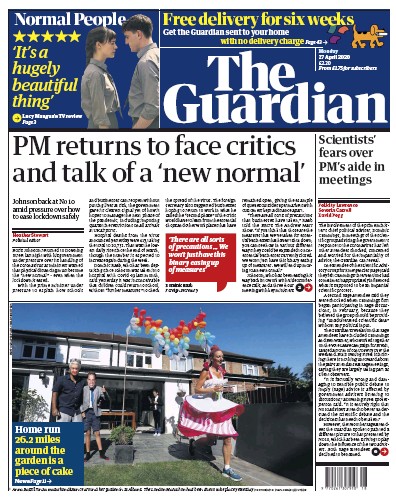 The Guardian Newspaper Front Page (UK) for 27 April 2020