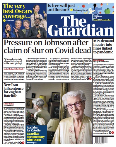 The Guardian Newspaper Front Page (UK) for 27 April 2021