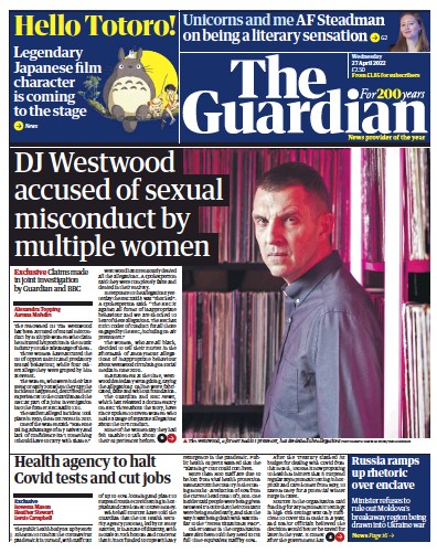 The Guardian Newspaper Front Page (UK) for 27 April 2022